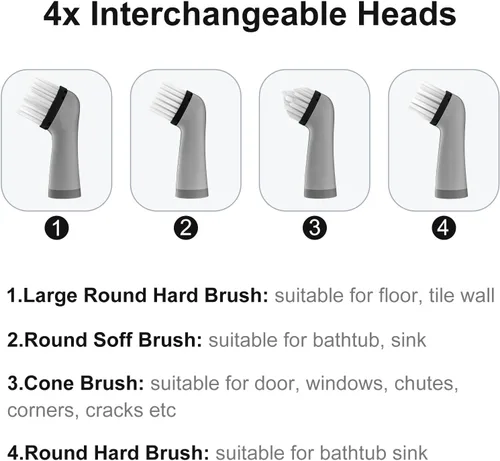 Vista 4 de SOARING Cepillo de limpieza eléctrico con cabezales de cepillo múltiples 4 en 1, cepillo motorizado inalámbrico para interiores y hogares, para Negro