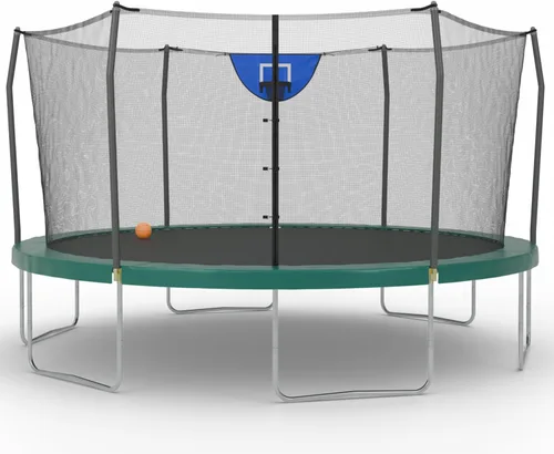 Vista 19 de Skywalker Trampolines Cama elástica al aire libre de 8 pies, 12 pies, 15 pies Jump N’ Dunk redonda con red, colchón de trampoline y aro
