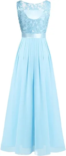 Vista 7 de dPois Vestido de dama de honor de gasa sin mangas para mujer, elegante, de encaje, formal, largo, para fiesta de noche