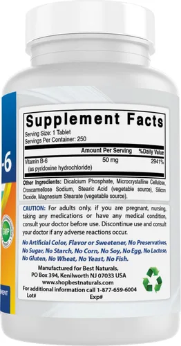 Vista 6 de Best Naturals Vitamina B6 50 mg 250 Comprimidos