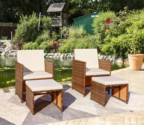 Devoko Juego de 4 muebles de mimbre para patio, sillas de patio al aire libre con otomanas, sillas acolchadas para todo tipo de clima, muebles de