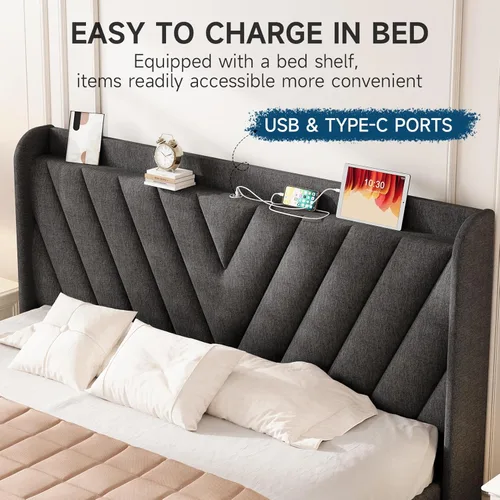 Vista 103 de koorlian Base de cama Queen con cabecero, base de cama tapizada ajustable con puertos tipo C y USB, cabecera de almacenamiento con respaldo de ala