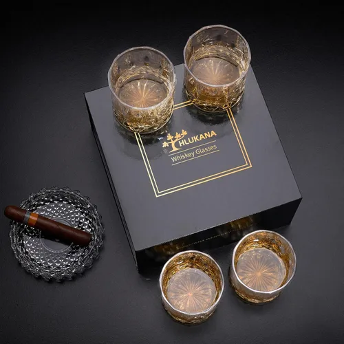 Vista 8 de Hlukana Caja de Lujo Juego de 4 Vasos de Whisky Old Fashioned, Vasos de Cóctel de 11 OZ, Vasos Bourbon Rocks Scotch, Accesorios de Bar para Whisky