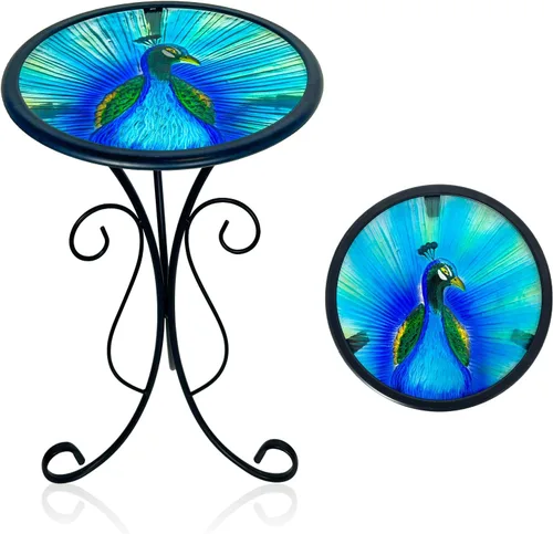 Vista 21 de LIFFY Mesa Auxiliar de Exterior, Mesa Redonda de Vidrio de 12" para Interior y Exterior con Marco de Metal, Mesa de Acento, Soporte Decorativo