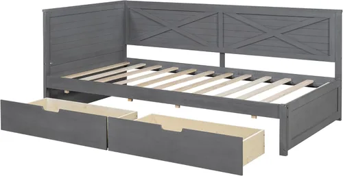 Vista 5 de Sofá cama de tamaño individual con 2 cajones y barandilla rústica, cama de plataforma capitán de madera con soporte de listones resistente, sofá