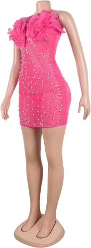 Vista 3 de Aro Lora Vestido sexy para mujer, sin tirantes, con plumas, con diamantes de imitación, de malla transparente