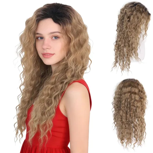 Vista 12 de GNIMEGIL Peluca de 26 pulgadas de largo, rizada, ondulada, verde, natural, ombré, esponjosa, peluca de repuesto de cabello sintético con parte libre