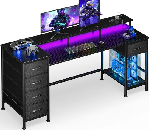 Vista 14 de Korfile - Escritorio para computadora de 47 pulgadas con 5 cajones de almacenamiento de tela, escritorio para juegos con tomas de corriente y luces