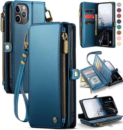 Vista 10 de Defencase Funda compatible con iPhone 11 Pro Max con tarjetero de bloqueo RFID para mujeres y hombres, correa magnética de piel sintética con cierre