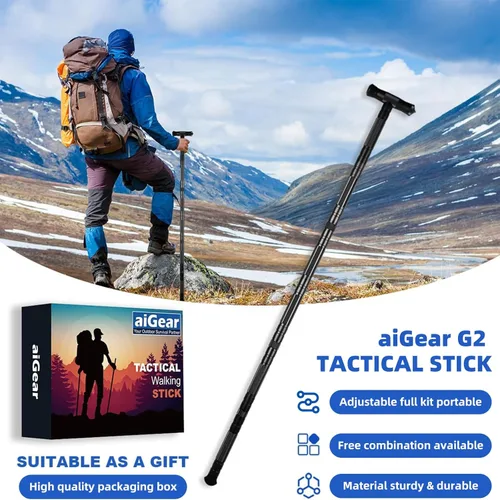 Vista 8 de aiGear G2 Tactical Hiking Stick, Heavy-Duty 6-8 Section Adjustable Walking Staff for Men Women, Aerospace Aluminum Trekking Poles with Multi-Tool