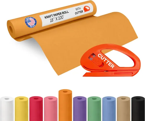 Vista 60 de Rollo de papel kraft amarillo de 36" x 1200" (100 pies) con cortador - Papel de regalo hecho en EE. UU. para embalaje, mudanza, envío