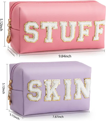 Vista 4 de HBselect Bolsa de maquillaje Preppy, bolsa de cosméticos de chenilla, bolsa de aseo para mujer, elegante, impermeable, portátil, bolsa de piel