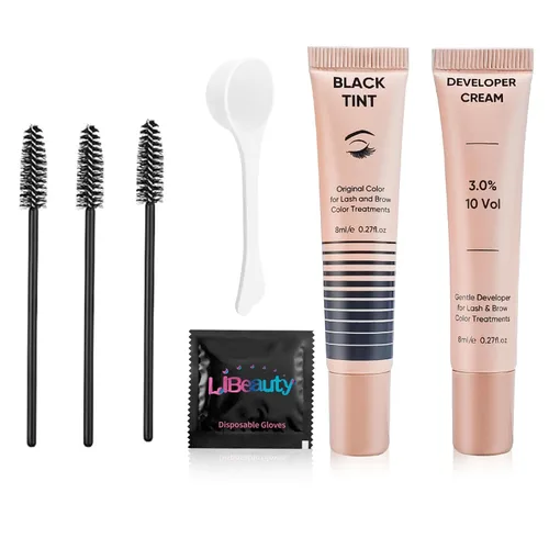 Vista 11 de Libeauty Kit de color de pestañas, kit de color negro instantáneo para cabello que dura 4 semanas con parches reutilizables para los ojos, kit