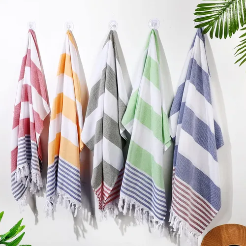 Vista 5 de Oudain 10 toallas turcas de playa de algodón a granel de secado rápido, 71 x 40 pulgadas, ligeras, sin arena, con borlas a rayas, para ducha
