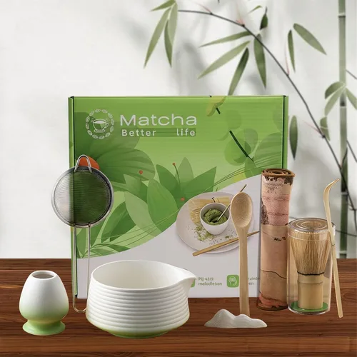 Vista 7 de Juego de 8 Piezas Batidor de Matcha Chasen Batidor de Matcha Tazón de Bambú con Pico Tamiz Cuchara Cuchara Medidora Soporte para Batidor Alfombrilla