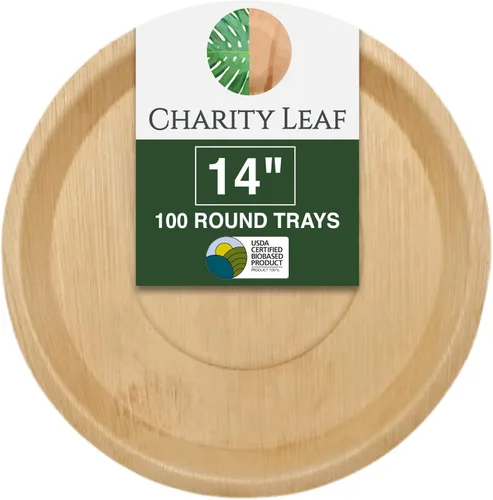 Vista 13 de Charity Leaf Bandejas redondas desechables de hoja de palma de 13 pulgadas de profundidad (10 piezas) Platos de servir tipo bambú, tablas