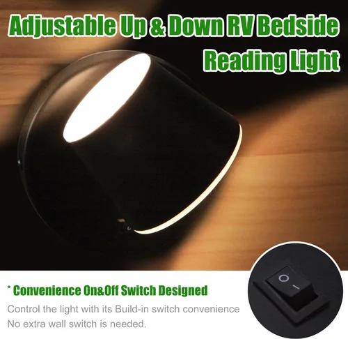 Vista 2 de Luz de Lectura de Cama LED para RV con Interruptor - Paquete de 2, Aplique de Pared para Tocador de 12V para RV con Rotación de 350°, Acabado
