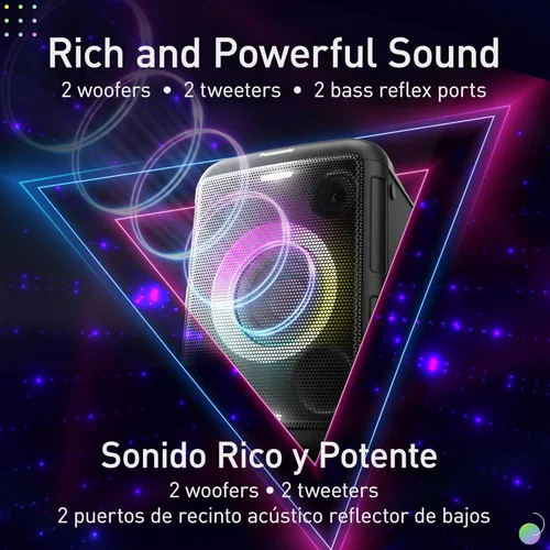Vista 3 de Panasonic BMAX Altavoz Portátil Bluetooth, 75W Boost de Graves, Batería de Larga Duración, Inalámbrico, 7 Colores de Luz y 12 Patrones con Flash