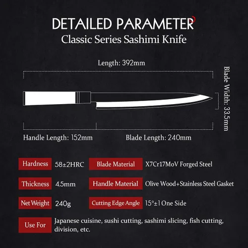 Vista 2 de HEZHEN Cuchillo Sashimi de 9.449 in,Cuchillo de sushi Yanagiba,Mango de madera de olivo con estuche de cuchillo de madera