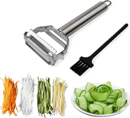 Sunkuka Julienne Peeler Cortador de acero inoxidable con cepillo de limpieza Pro para zanahoria, patata, melón, artilugio, verduras, frutas