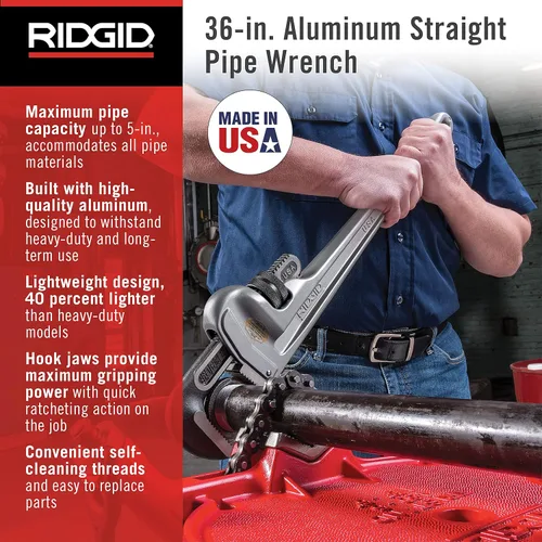 Vista 2 de RIDGID 31110 Modelo 836 Llave de tubería de plomería recta de aluminio de 36 pulgadas, plata, fabricada en los Estados Unidos