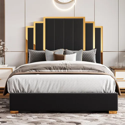 Vista 6 de HOWE Base de cama tapizada tamaño Queen de 61 pulgadas con borde chapado en Negro