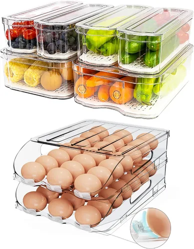 SMRCAD Organizadores y almacenamiento de refrigerador, soporte automático para huevos y paquete de 6 cubos organizadores de frutas con tapas para