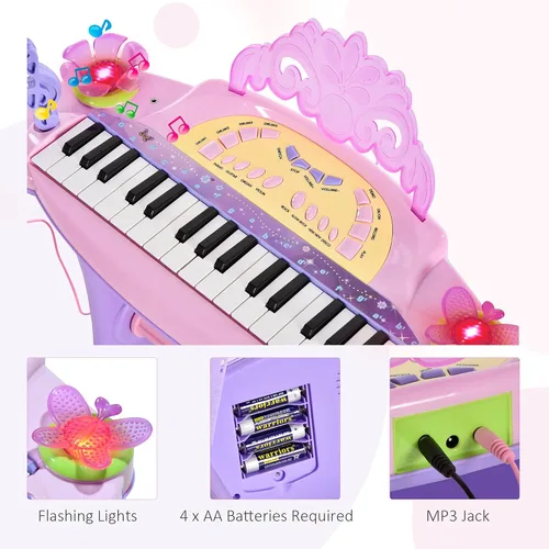 Vista 3 de Qaba Piano electrónico de juguete de princesa de 32 teclas para niños, piano educativo con taburete, MP3, grabación, luces intermitentes, micrófono
