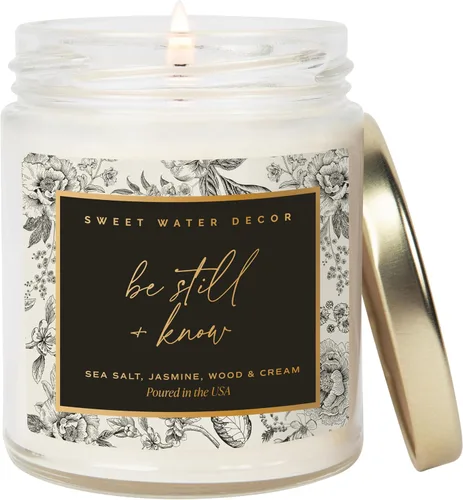 Vista 12 de Sweet Water Decor, Be Still and Know, Vela de cera de soja perfumada con sal marina, jazmín, crema y madera para el hogar, velas cristianas
