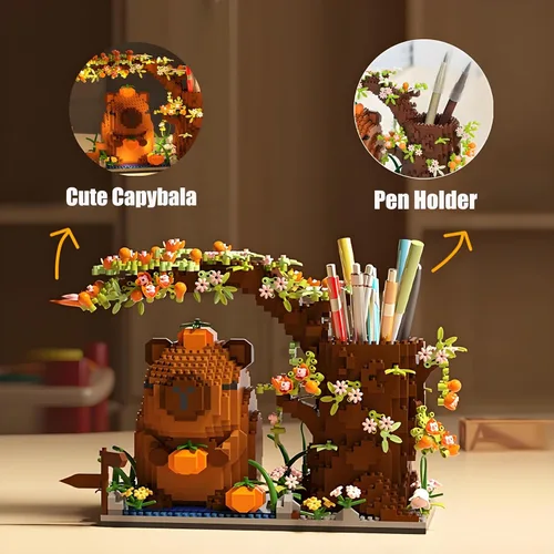 Vista 2 de Capybara - Juego de bloques de construcción de 1880 piezas de lindos animales y flores, kit de ladrillos de construcción Kawaii Capybara, juguete