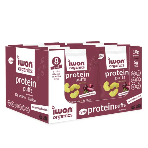 Vista 2 de IWON Organics - Bocadillo de proteína con sabor a cebolla caramelizada, alto en proteínas y bocadillos orgánicos saludables, 8 bolsas