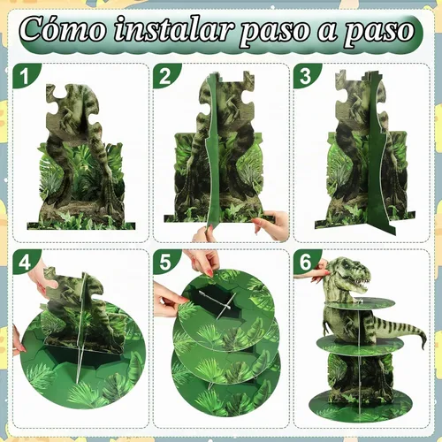 Vista 3 de Censen Soporte para cupcakes de dinosaurio de 3 niveles, decoración de fiesta, 24 piezas, figuras de dinosaurio, juguetes para cupcakes, torre