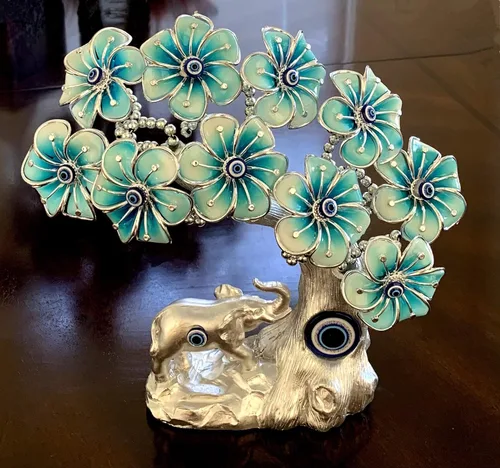 Vista 2 de Blue Evil Eye Turkish Nazar Lucky Forutne Tree Bonsái con elefante decoración de oficina en casa (plata-azul)
