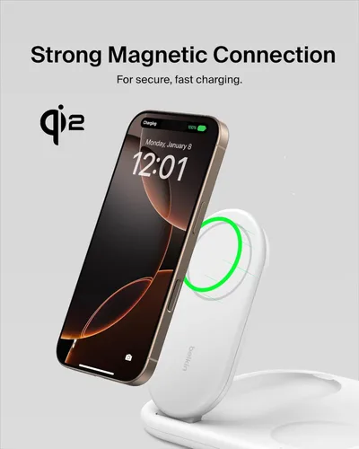 Vista 5 de Belkin Cargador Compatible con MagSafe, Cargador Magnético Plegable 2 en 1 de 15W - Carga Inalámbrica Certificada Qi2 para Apple iPhone 16, Apple