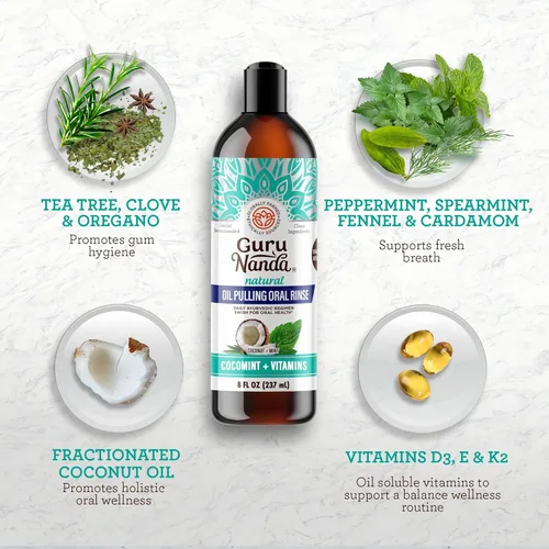 Vista 8 de GuruNanda Fórmula avanzada de extracción de aceite (8 onzas líquidas) con raspador de lengua y aceite de coco para jalar aceite de coco y menta