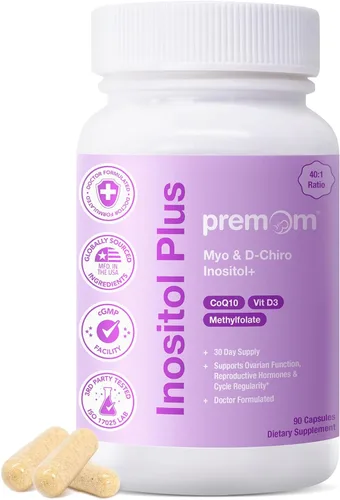 Premom Suplemento Inositol Plus para mujeres, 2,000 mg de mio-inositol y 50 mg D-Chiro Inositol, relación 40:1, CoQ10, metilfolato y vitamina D3,