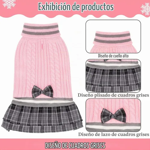 Vista 4 de PAWCHIE Vestido de suéter para perro con corbatín - Suéter de punto con cuello alto para perros pequeños, para niñas, para clima frío, con orificio