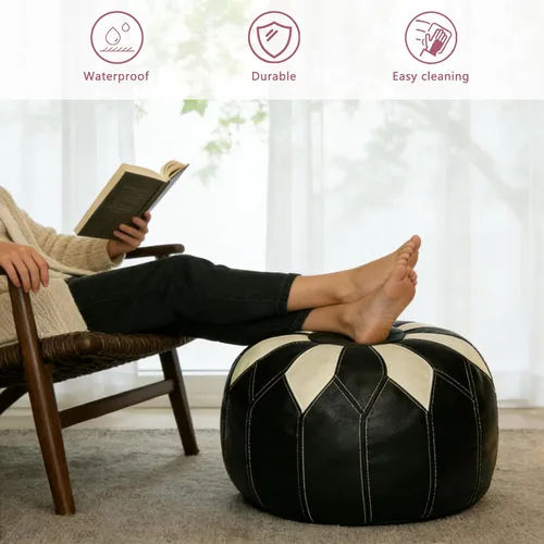 Vista 4 de Thgonwid - Puf otomano sin relleno marroquí de cuero sintético con almacenamiento - Reposapiés multiusos bohemio chic hecho a mano para sala