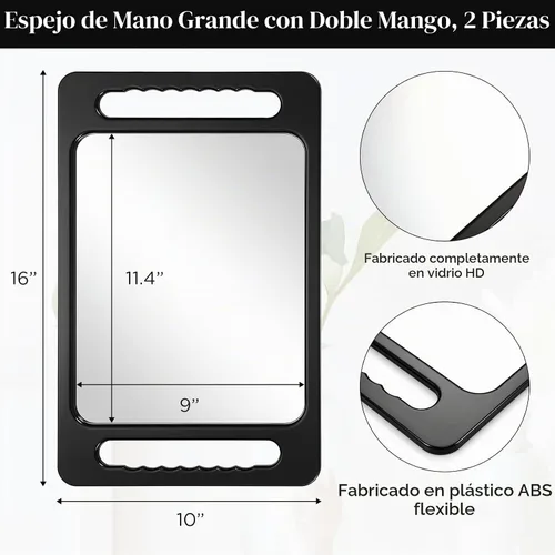Vista 2 de Kigley Espejo de mano grande de 2 piezas con doble mango espejo de peluquería rectangular irrompible de mano equipo de peluquería y accesorios