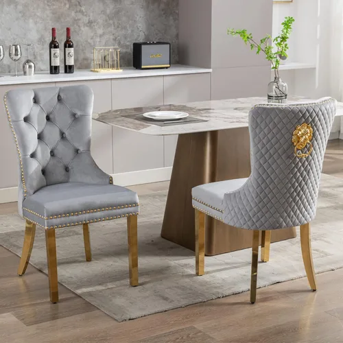Vista 54 de KCC Juego de 2 sillas de comedor tapizadas de terciopelo, modernas sillas capitoné con botones con anillo de cabeza de león y patas de acero