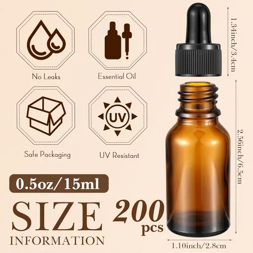 Vista 2 de Tanlade Paquete de 200 botellas cuentagotas oscuras de 0.5 fl oz de 1/2 oz, botellas de vidrio con cuentagotas de tintura marrón con ojo para Ámbar