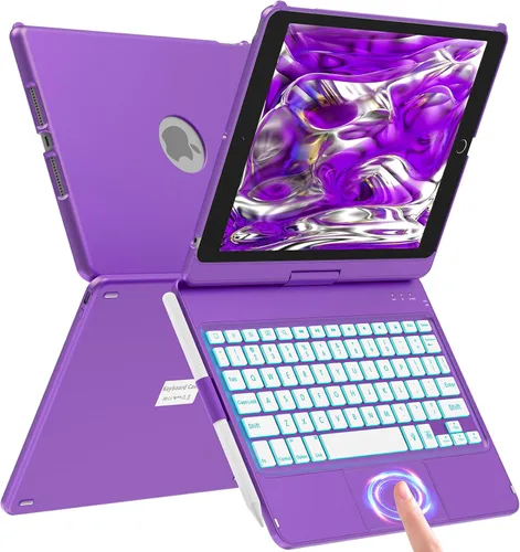 Vista 10 de aMZCaSE Funda para iPad de 9ª/8ª/7ª generación con teclado y soporte para bolígrafo, retroiluminación colorida, cubierta delgada giratoria de 360°