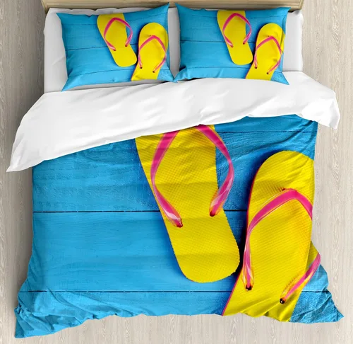 Vista 222 de Ambesonne Hawaii - Juego de funda de edredón de verano, palmeras y hojas exóticas de helecho, fondo colorido abstracto, juego de ropa de cama