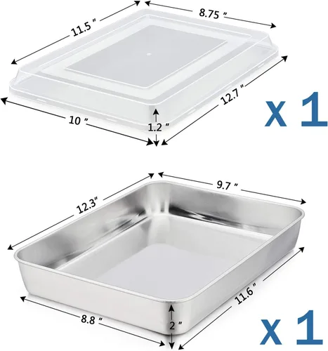 Vista 2 de P&P CHEF - Molde de acero inoxidable con tapa, moldes rectangulares para pastel, bandeja de hornear para lasaña y brownies, 2 pulgadas