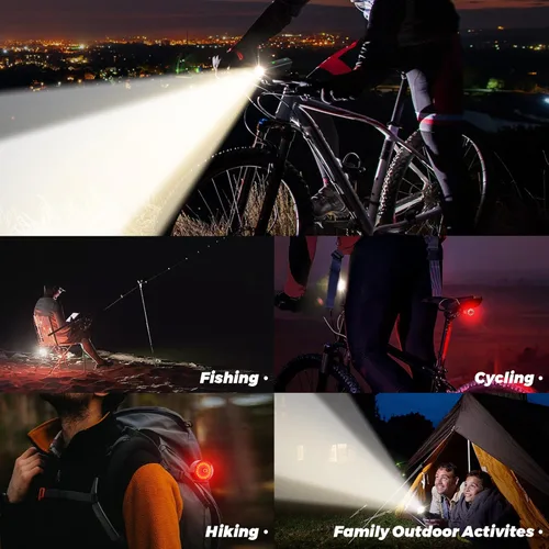 Vista 7 de 2025 Sensor delantero y trasero antirreflejo, 3000 luces de bicicleta, 5+6 modos de advertencia tipo juego de luz para bicicleta y luces traseras