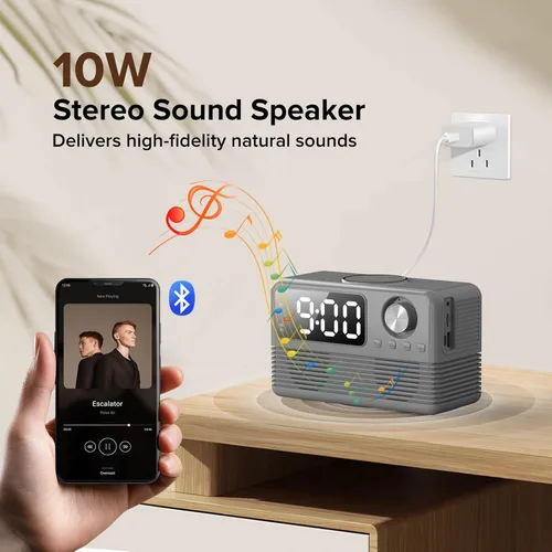 Vista 4 de Cargador inalámbrico rápido de 15 W con altavoz Bluetooth y radio despertador, estación de carga inalámbrica 4 en 1 para iPhone, teléfonos Android