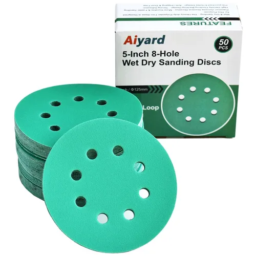 Vista 11 de Discos de Lijado Húmedo y Seco de 5 Pulgadas de 8 Agujeros 80/120/180/220/320 Granos Surtidos, Papel de Lijado de Gancho y Bucle de Película