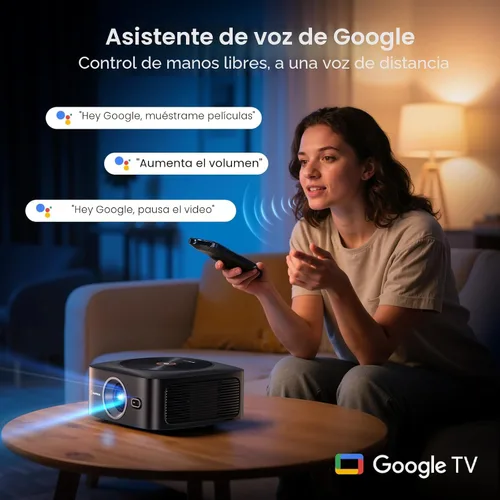 Vista 3 de Proyector inteligente Google TV con licencia oficial 1500 ANSI, HAPPRUN 4K Full HD Home Theater con enfoque automático, sonido Dolby, Wi-Fi