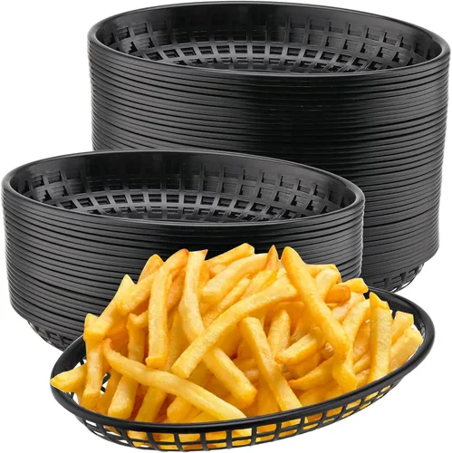 Vista 9 de Paquete de 30 cestas de plástico negro de 10.5 x 7 pulgadas, cestas de servicio de restaurante, cesta plana ovalada de comida rápida para picnic