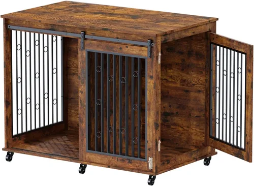Vista 9 de IchbinGo Mueble grande para jaula para perros, perrera de madera de 47 pulgadas con puerta corrediza de granero, tapa abatible y ruedas, mesa